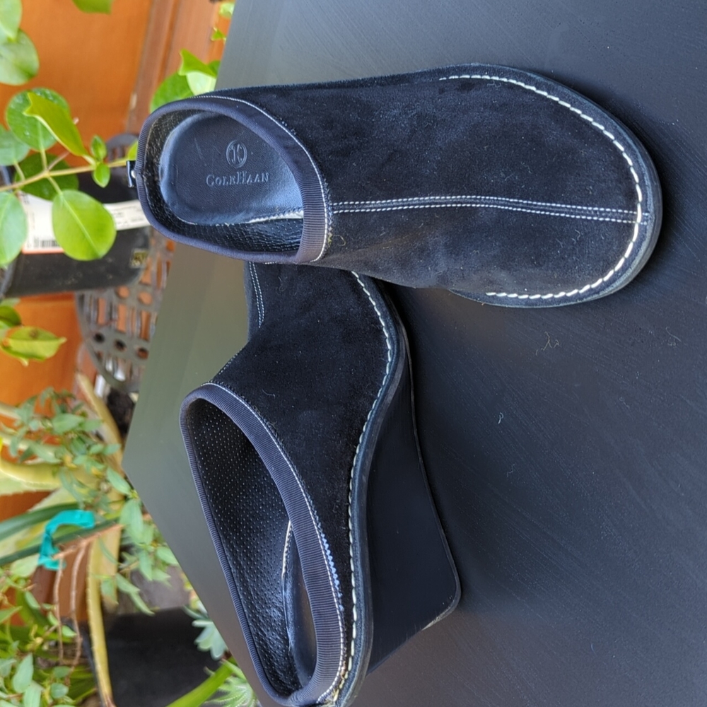 Cole Haan black suede wedge mules, size 8B
